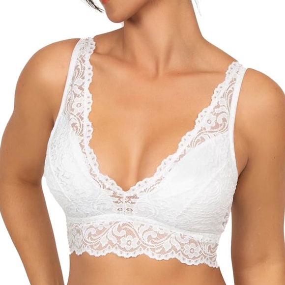 Women’s White Lace Deep V Bralette Bra - Picture 1 of 8